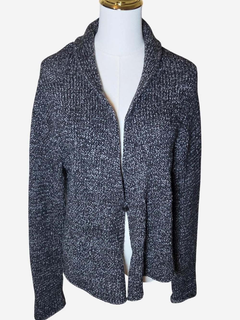 Eileen Fisher Shawl Cardigan Sweater M Cashmere wool angora Blend Black Gray